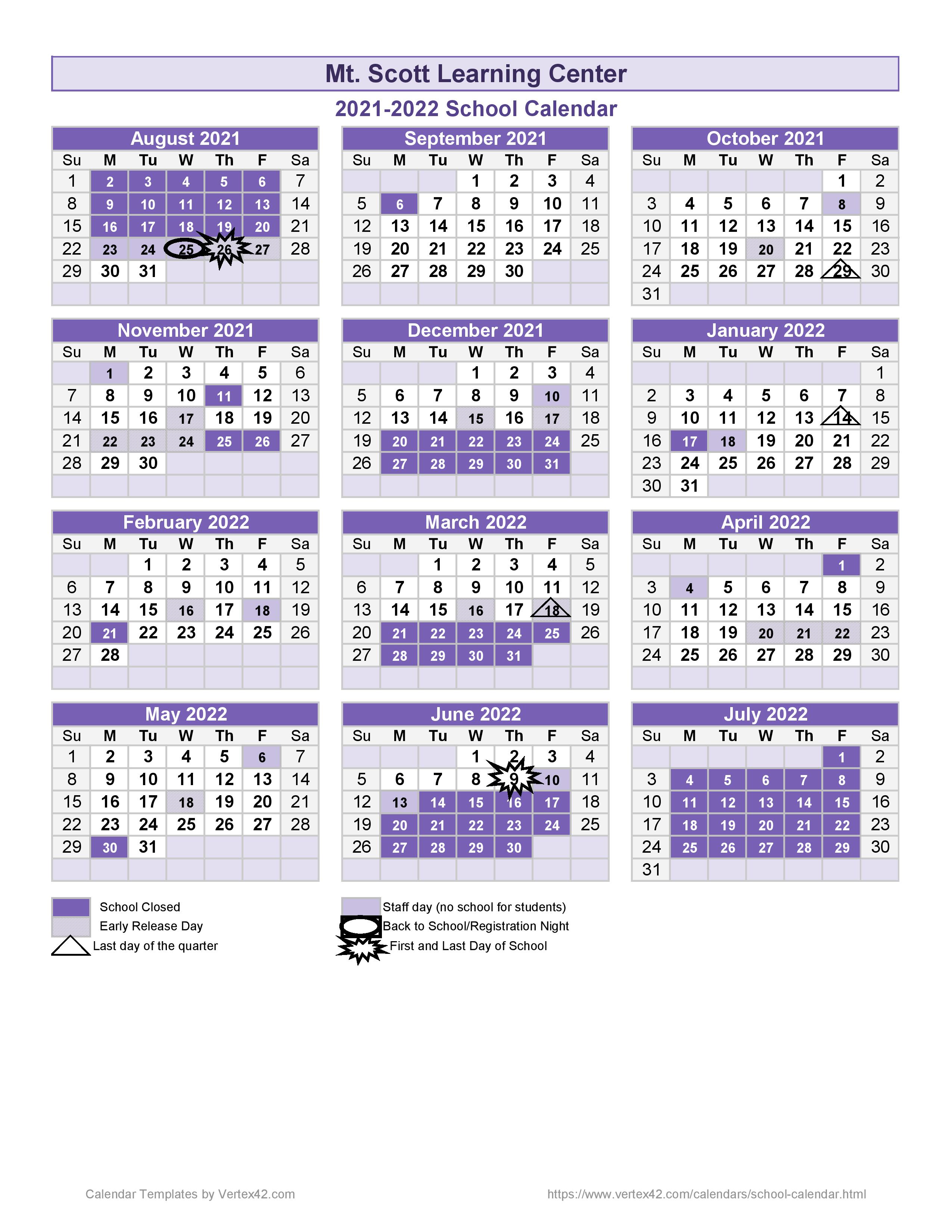 Academic Calendar - Mt Scott Learning Center