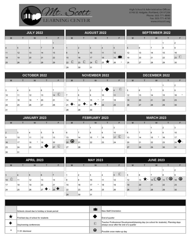 Academic Calendar Mt Scott Learning Center