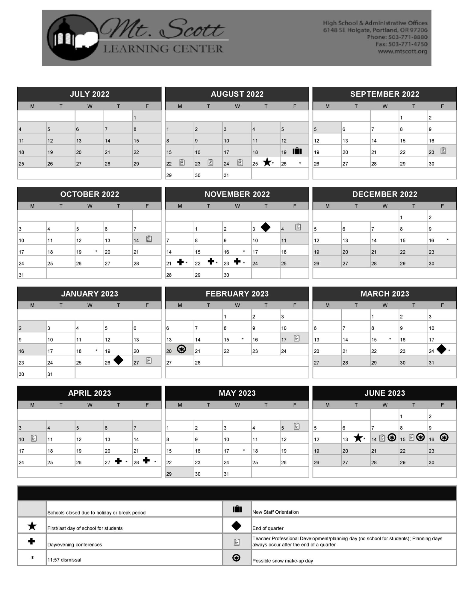 Academic Calendar Mt Scott Learning Center