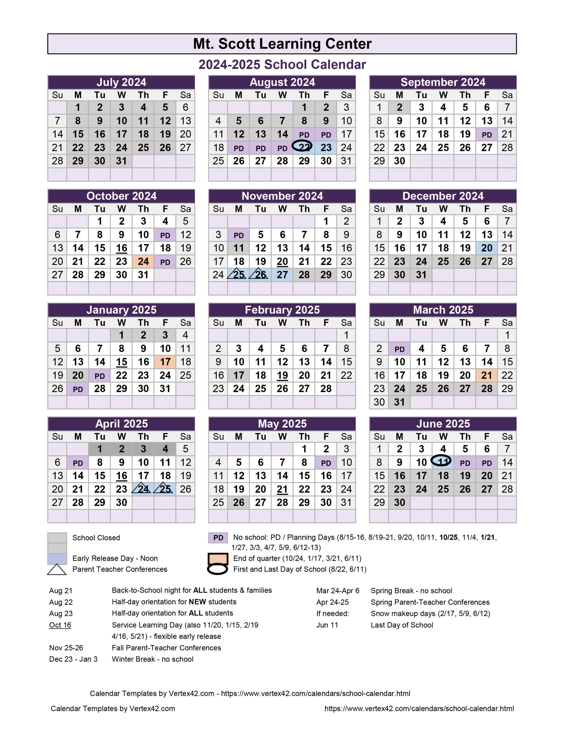 Academic Calendar 2425 Mt Scott Learning Center